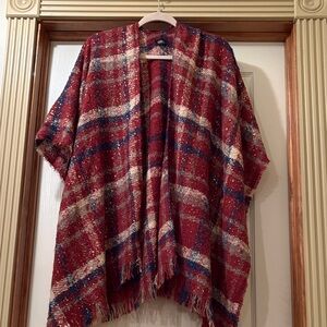 Red and Blue Plaid Poncho with Gold Accents
